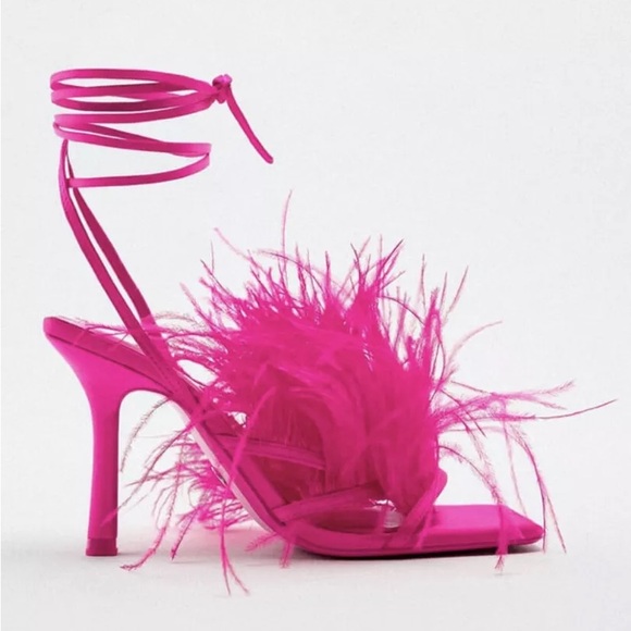 ZARA Bright Fuchsia Pink Feather High Heel Sandals